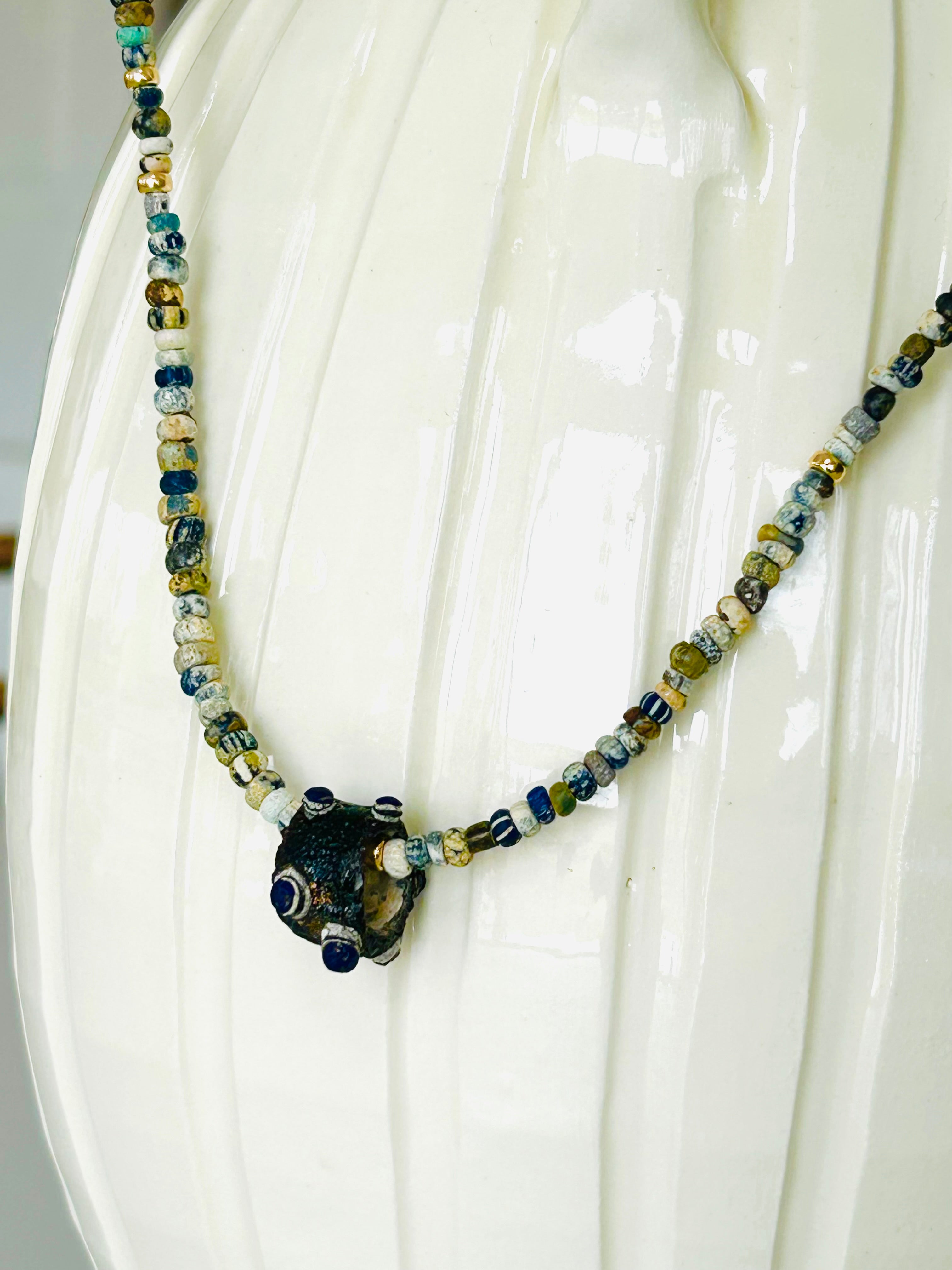 Nila and Gold Bead Necklace with Evil Eye Bead
