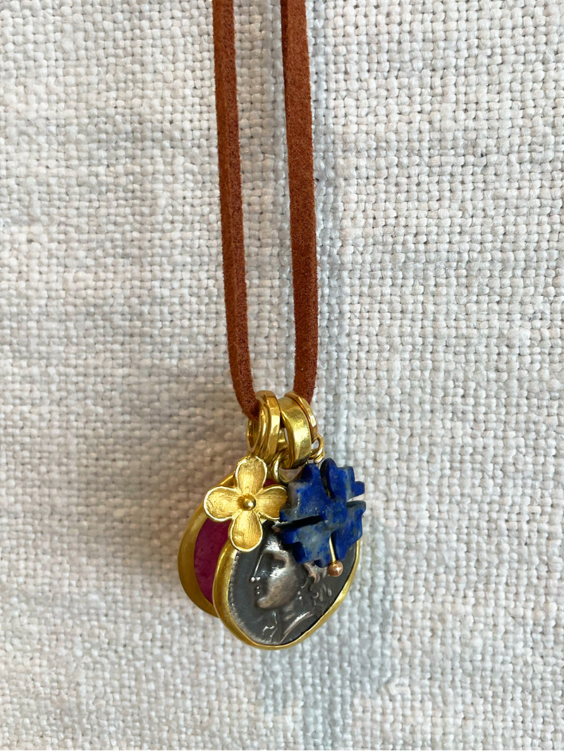 Demeter with sapphire, gold flower and lapis